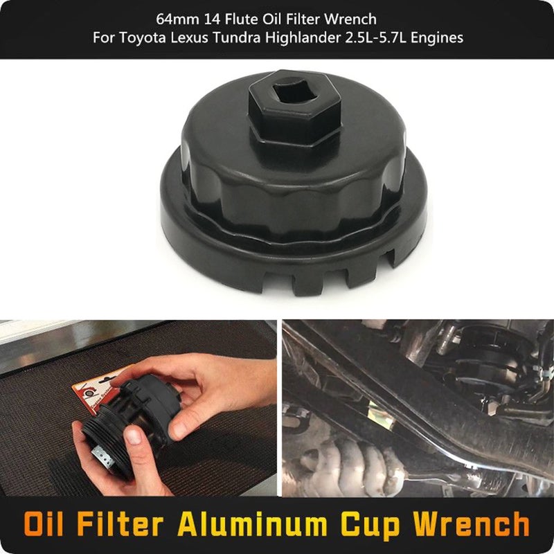 LIAMTU Aluminum Cup Wrench for Removing Toyota Oil Filter Caps, 64mm Flute, Fits 2.5L to 5.7L Engines, Black - Image 2